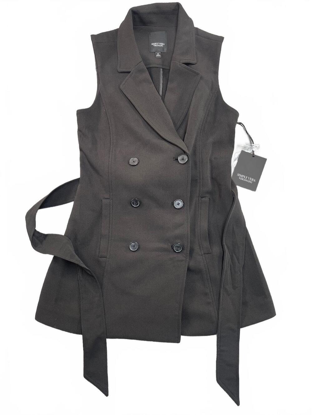 Simply Vera Vera Wang Women's Black Double-Breasted Sleeveless Vest with Belt,XS
